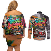 Tropical Christmas In July Candy Cane Surf Couples Matching Off Shoulder Short Dress and Long Sleeve Button Shirt Vibrant Street Art Beach Graffiti Graphic
