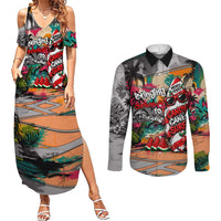 Tropical Christmas In July Candy Cane Surf Couples Matching Summer Maxi Dress and Long Sleeve Button Shirt Vibrant Street Art Beach Graffiti Graphic