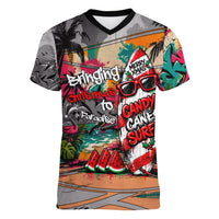 Tropical Christmas In July Candy Cane Surf Women V-Neck T-Shirt Vibrant Street Art Beach Graffiti Graphic