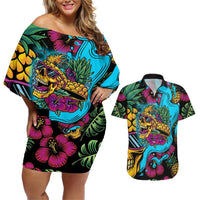 Pineapple Skull Couples Matching Off Shoulder Short Dress and Hawaiian Shirt Sumer Time TS04 - Polynesian Pride