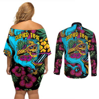 Pineapple Skull Couples Matching Off Shoulder Short Dress and Long Sleeve Button Shirts Sumer Time TS04 Multicolor - Polynesian Pride