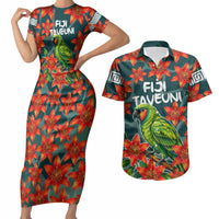 Fiji Taveuni Parrot Couples Matching Short Sleeve Bodycon Dress and Hawaiian Shirt Tropical Waterfall Landscape With Floral Tribal Pattern TS04 Green Orange - Polynesian Pride