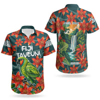 Fiji Taveuni Parrot Couples Matching Short Sleeve Bodycon Dress and Hawaiian Shirt Tropical Waterfall Landscape With Floral Tribal Pattern TS04 - Polynesian Pride