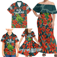 Fiji Taveuni Parrot Family Matching Off Shoulder Maxi Dress and Hawaiian Shirt Tropical Waterfall Landscape With Floral Tribal Pattern TS04 - Polynesian Pride