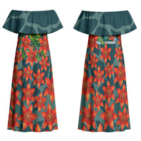 Fiji Taveuni Parrot Family Matching Off Shoulder Maxi Dress and Hawaiian Shirt Tropical Waterfall Landscape With Floral Tribal Pattern TS04 Mom's Dress Green Orange - Polynesian Pride