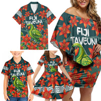 Fiji Taveuni Parrot Family Matching Off Shoulder Short Dress and Hawaiian Shirt Tropical Waterfall Landscape With Floral Tribal Pattern TS04 - Polynesian Pride