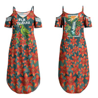 Fiji Taveuni Parrot Family Matching Summer Maxi Dress and Hawaiian Shirt Tropical Waterfall Landscape With Floral Tribal Pattern TS04 Mom's Dress Green Orange - Polynesian Pride