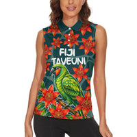 Fiji Taveuni Parrot Women Sleeveless Polo Shirt Tropical Waterfall Landscape With Floral Tribal Pattern TS04 - Polynesian Pride