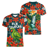Fiji Taveuni Parrot Women V-Neck T-Shirt Tropical Waterfall Landscape With Floral Tribal Pattern TS04 - Polynesian Pride