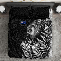 Personalized New Zealand Kiwi Bird Bedding Set Grunge Maori Tribal Pattern Silver Fern
