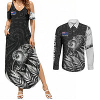 Personalized New Zealand Kiwi Bird Couples Matching Summer Maxi Dress and Long Sleeve Button Shirt Grunge Maori Tribal Pattern Silver Fern