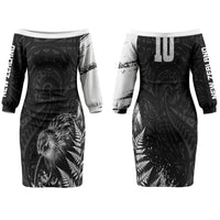 Personalized New Zealand Kiwi Bird Family Matching Off The Shoulder Long Sleeve Dress and Hawaiian Shirt Grunge Maori Tribal Pattern Silver Fern TS04 Mom's Dress Black White - Polynesian Pride