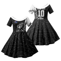 Personalized New Zealand Kiwi Bird Family Matching Off The Shoulder Long Sleeve Dress and Hawaiian Shirt Grunge Maori Tribal Pattern Silver Fern TS04 Daughter's Dress Black White - Polynesian Pride