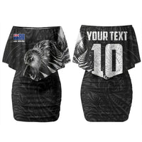 Personalized New Zealand Kiwi Bird Family Matching Off Shoulder Short Dress and Hawaiian Shirt Grunge Maori Tribal Pattern Silver Fern TS04 Mom's Dress Black White - Polynesian Pride