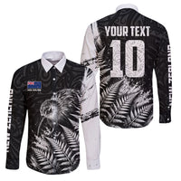 Personalized New Zealand Kiwi Bird Family Matching Off Shoulder Short Dress and Hawaiian Shirt Grunge Maori Tribal Pattern Silver Fern TS04 Dad's Shirt - Long Sleeve Black White - Polynesian Pride