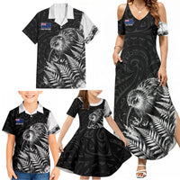 Personalized New Zealand Kiwi Bird Family Matching Summer Maxi Dress and Hawaiian Shirt Grunge Maori Tribal Pattern Silver Fern