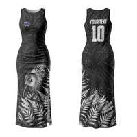 Personalized New Zealand Kiwi Bird Family Matching Tank Maxi Dress and Hawaiian Shirt Grunge Maori Tribal Pattern Silver Fern TS04 Mom's Dress Black White - Polynesian Pride