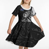 Personalized New Zealand Kiwi Bird Kid Short Sleeve Dress Grunge Maori Tribal Pattern Silver Fern TS04 - Polynesian Pride