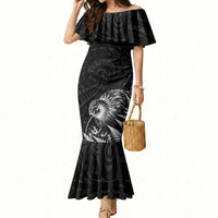 Personalized New Zealand Kiwi Bird Mermaid Dress Grunge Maori Tribal Pattern Silver Fern TS04 Women Black White - Polynesian Pride