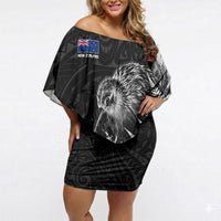 Personalized New Zealand Kiwi Bird Off Shoulder Short Dress Grunge Maori Tribal Pattern Silver Fern TS04 Women Black White - Polynesian Pride
