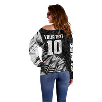 Personalized New Zealand Kiwi Bird Off Shoulder Sweater Grunge Maori Tribal Pattern Silver Fern