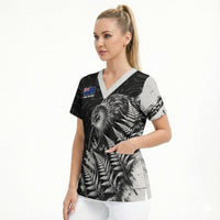Personalized New Zealand Kiwi Bird Scrub Top Grunge Maori Tribal Pattern Silver Fern