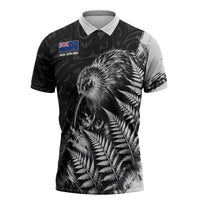 Personalized New Zealand Kiwi Bird Zipper Polo Shirt Grunge Maori Tribal Pattern Silver Fern TS04 Black White - Polynesian Pride