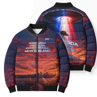 New Zealand Aotearoa Kiwi UFO Bomber Puffer Jacket Sci-Fi Galaxy Sunset Sky Tower And Mountain