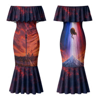 New Zealand Aotearoa Kiwi UFO Family Matching Mermaid Dress and Hawaiian Shirt Sci-Fi Galaxy Sunset Sky Tower And Mountain TS04 Mom's Dress Blue Red - Polynesian Pride