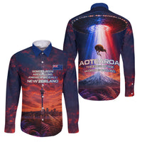 New Zealand Aotearoa Kiwi UFO Family Matching Mermaid Dress and Hawaiian Shirt Sci-Fi Galaxy Sunset Sky Tower And Mountain TS04 Dad's Shirt - Long Sleeve Blue Red - Polynesian Pride