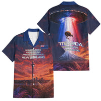 New Zealand Aotearoa Kiwi UFO Family Matching Off Shoulder Short Dress and Hawaiian Shirt Sci-Fi Galaxy Sunset Sky Tower And Mountain TS04 Dad's Shirt - Short Sleeve Blue Red - Polynesian Pride