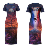 New Zealand Aotearoa Kiwi UFO Family Matching Short Sleeve Bodycon Dress and Hawaiian Shirt Sci-Fi Galaxy Sunset Sky Tower And Mountain TS04 Mom's Dress Blue Red - Polynesian Pride