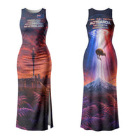 New Zealand Aotearoa Kiwi UFO Family Matching Tank Maxi Dress and Hawaiian Shirt Sci-Fi Galaxy Sunset Sky Tower And Mountain TS04 Mom's Dress Blue Red - Polynesian Pride