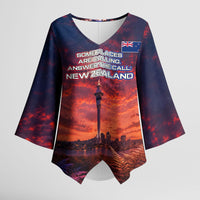 New Zealand Aotearoa Kiwi UFO Kimono Sleeve Blouse Sci-Fi Galaxy Sunset Sky Tower And Mountain