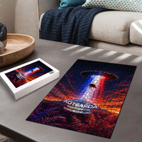 New Zealand Aotearoa Kiwi UFO Puzzle Sci-Fi Galaxy Sunset Sky Tower And Mountain