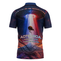 New Zealand Aotearoa Kiwi UFO Zipper Polo Shirt Sci-Fi Galaxy Sunset Sky Tower And Mountain TS04 - Polynesian Pride