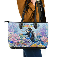 Fiji Taveuni Rainbow Reef Leather Tote Bag Scuba Diver Vibrant Undersea Coral Garden Watercolor