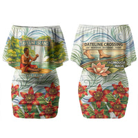 Fiji Taveuni Island Dateline Crossing Family Matching Off Shoulder Short Dress and Hawaiian Shirt Tropical Cultural Landscape With Tagimoucia Floral Pattern TS04 Mom's Dress White Green - Polynesian Pride