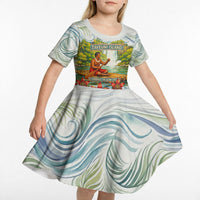 Fiji Taveuni Island Dateline Crossing Kid Short Sleeve Dress Tropical Cultural Landscape With Tagimoucia Floral Pattern TS04 - Polynesian Pride