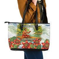 Fiji Taveuni Island Dateline Crossing Leather Tote Bag Tropical Cultural Landscape With Tagimoucia Floral Pattern