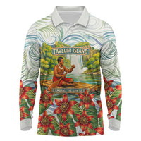 Fiji Taveuni Island Dateline Crossing Long Sleeve Polo Shirt Tropical Cultural Landscape With Tagimoucia Floral Pattern TS04 White Green - Polynesian Pride