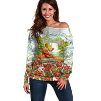Fiji Taveuni Island Dateline Crossing Off Shoulder Sweater Tropical Cultural Landscape With Tagimoucia Floral Pattern TS04 Women White Green - Polynesian Pride