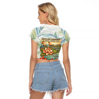 Fiji Taveuni Island Dateline Crossing Raglan Cropped T Shirt Tropical Cultural Landscape With Tagimoucia Floral Pattern TS04 - Polynesian Pride