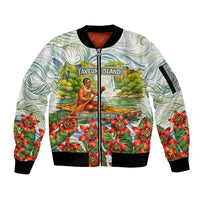 Fiji Taveuni Island Dateline Crossing Sleeve Zip Bomber Jacket Tropical Cultural Landscape With Tagimoucia Floral Pattern TS04 Unisex White Green - Polynesian Pride