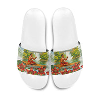 Fiji Taveuni Island Dateline Crossing Slide Sandals Tropical Cultural Landscape With Tagimoucia Floral Pattern TS04 White Green - Polynesian Pride