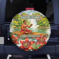 Fiji Taveuni Island Dateline Crossing Spare Tire Cover Tropical Cultural Landscape With Tagimoucia Floral Pattern TS04 No hole White Green - Polynesian Pride