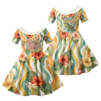Hawaii Aloha Academy Back To School Family Matching Short Sleeve Bodycon Dress and Hawaiian Shirt Sea Turtle Tropical Hibiscus Flowers Retro Psychedelic TS04 Daughter's Dress Orange Green - Polynesian Pride