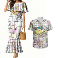 Hawaii Cruising Back To School Couples Matching Mermaid Dress and Hawaiian Shirt Grid Pattern With School Bag And Vintage Surf Van TS04 White Yellow - Polynesian Pride