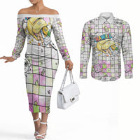 Hawaii Cruising Back To School Couples Matching Off The Shoulder Long Sleeve Dress and Long Sleeve Button Shirt Grid Pattern With School Bag And Vintage Surf Van TS04 White Yellow - Polynesian Pride