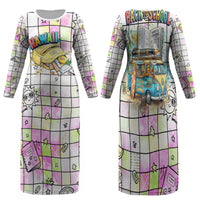 Hawaii Cruising Back To School Family Matching Long Sleeve Bodycon Dress and Hawaiian Shirt Grid Pattern With School Bag And Vintage Surf Van TS04 Mom's Dress White Yellow - Polynesian Pride